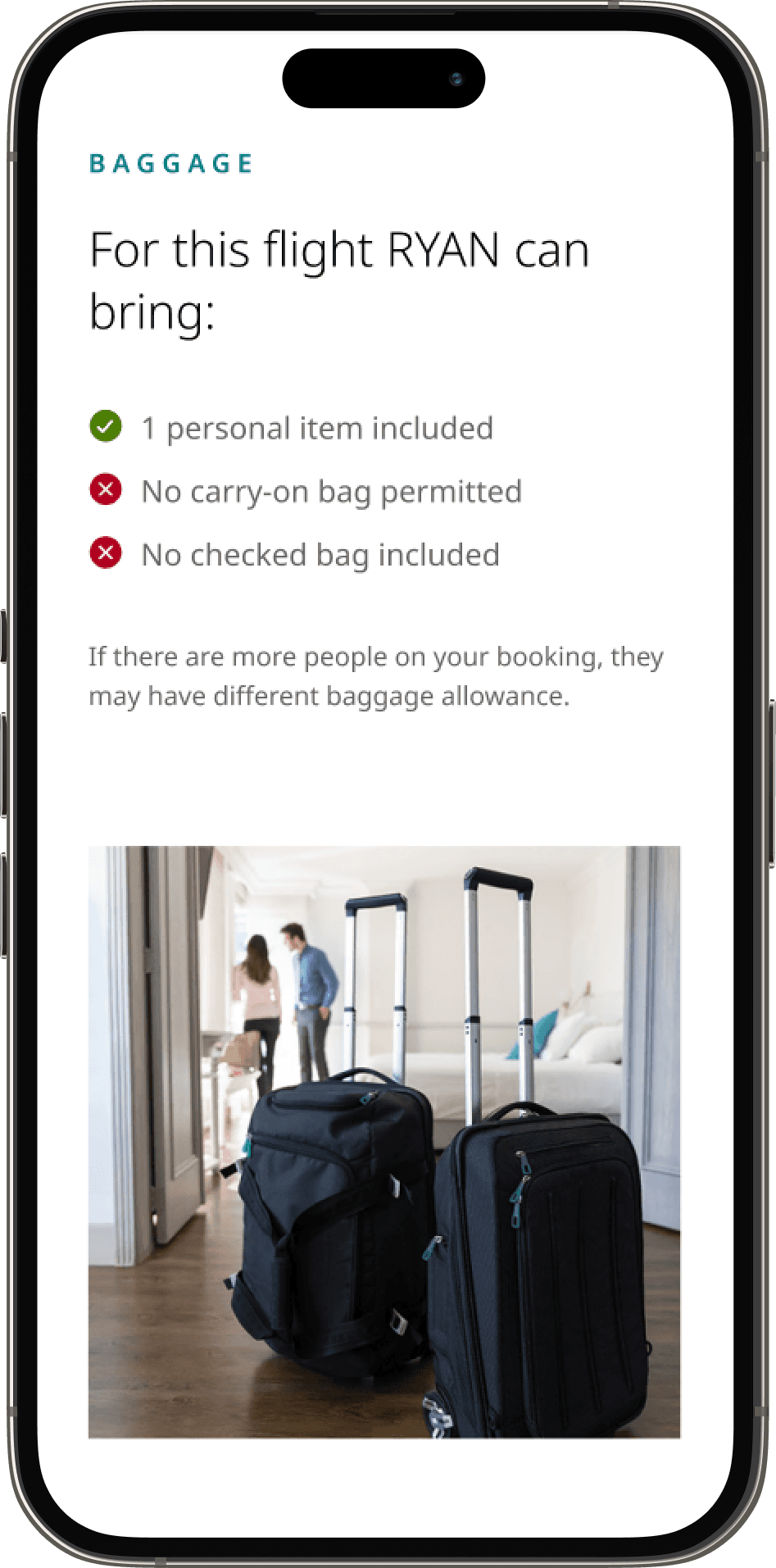 Baggage allowance screen from the seat selection flow