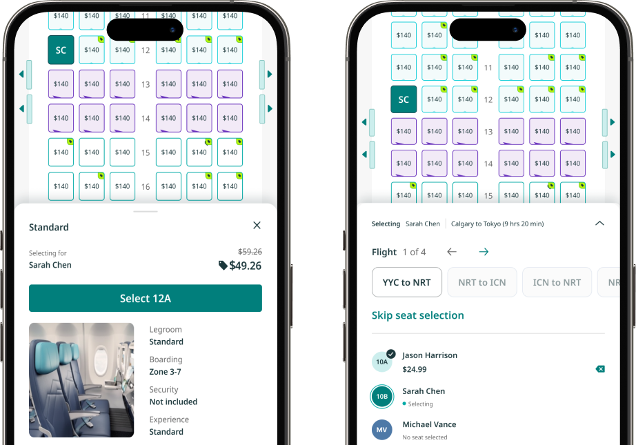 Two phone screens showing seat map selection and passenger list