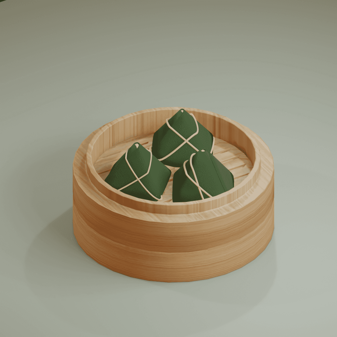 3D rendered bamboo steamer with dumplings, close up