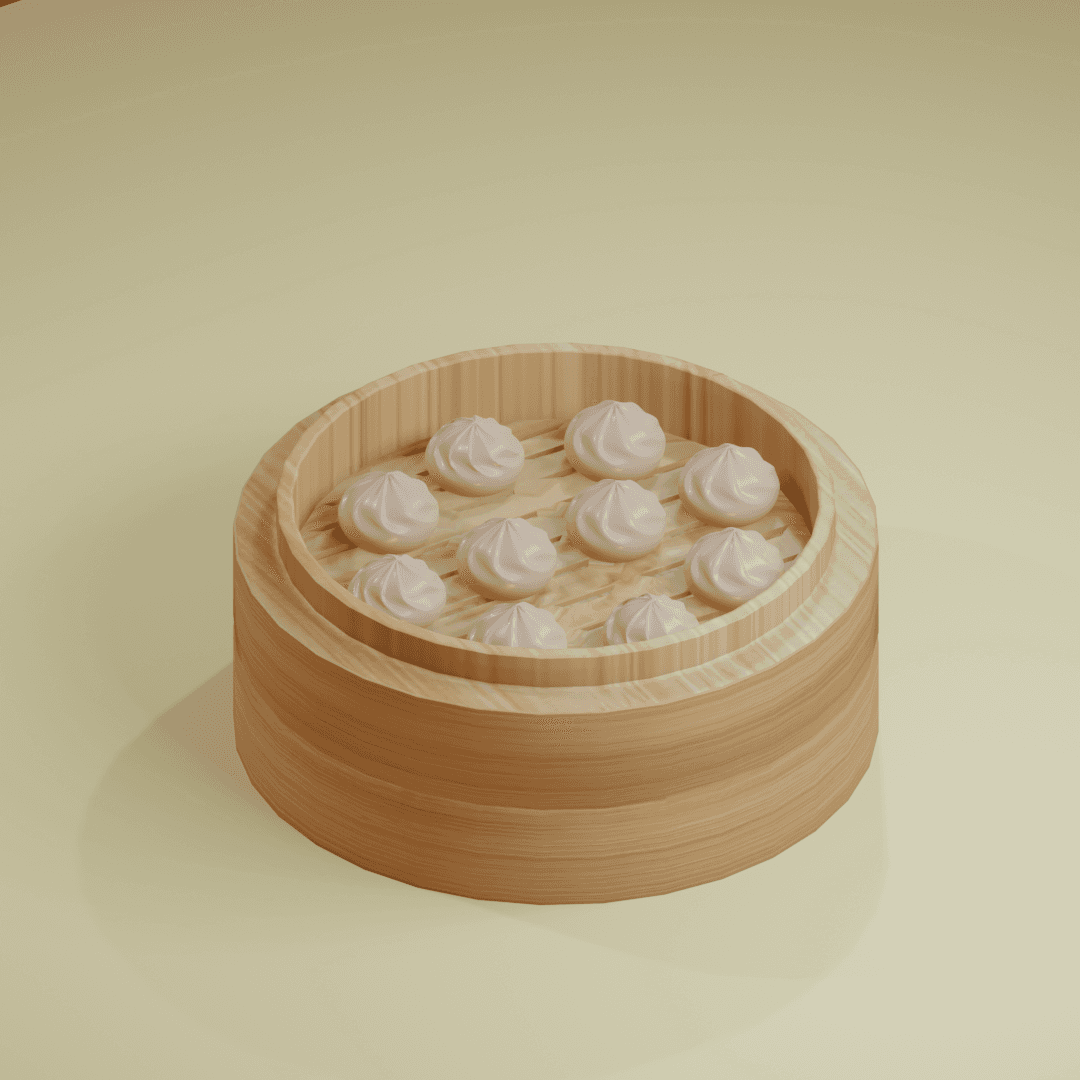 3D rendered bamboo steamer with soup dumplings