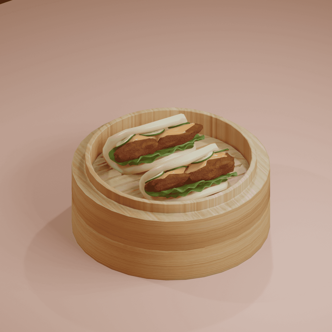3D rendered bamboo steamer with dim sum sandwiches