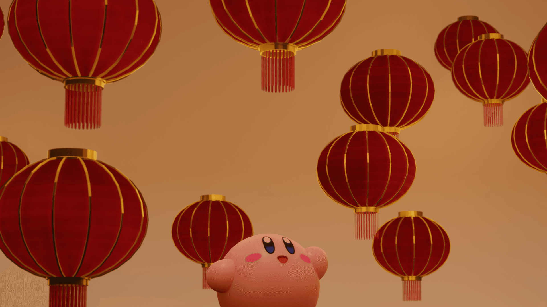 3D rendered Kirby surrounded by red paper lanterns