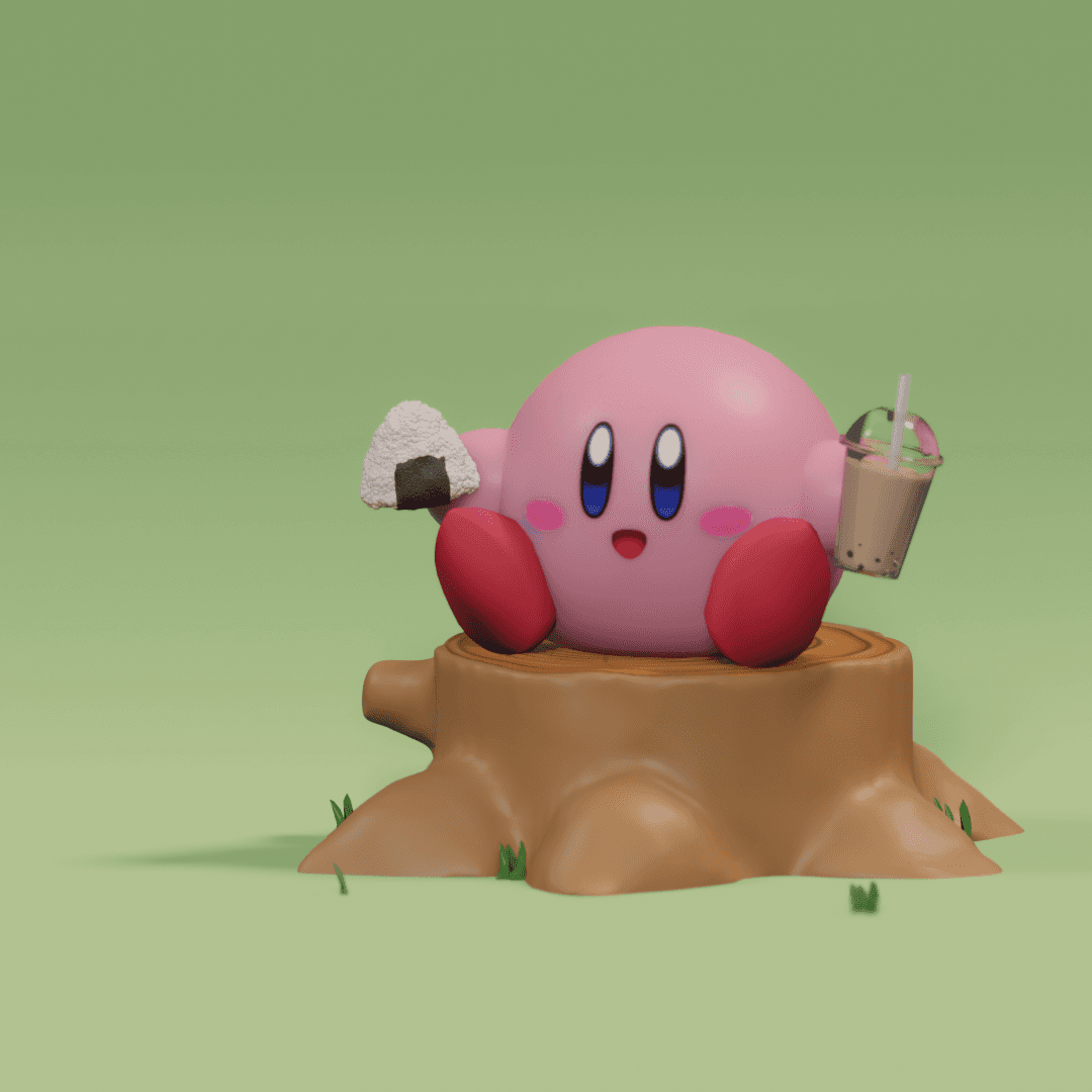 3D rendered Kirby sitting on a tree stump with onigiri and a drink