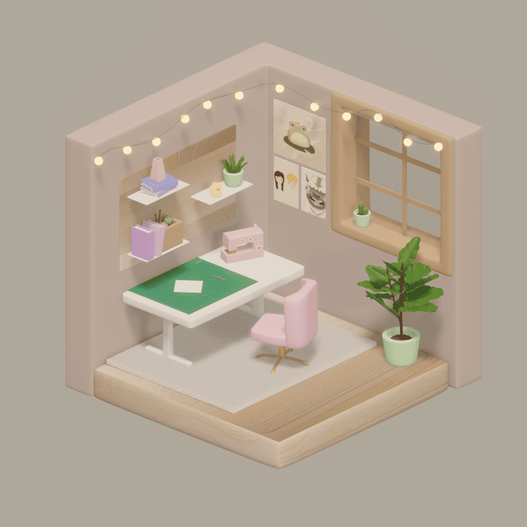3D isometric room render, daytime lighting