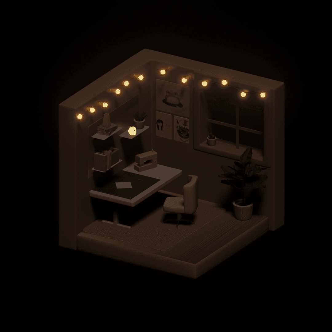 3D isometric room render, lit up at night