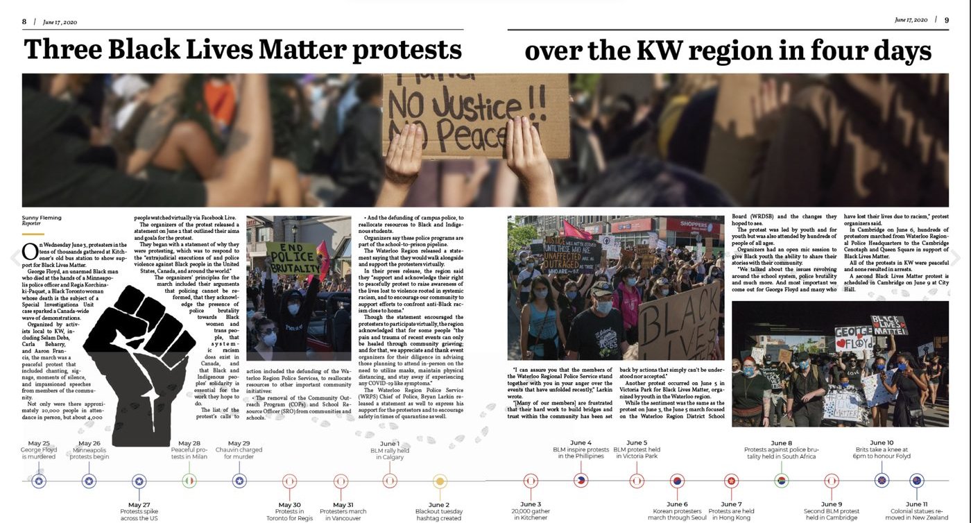 Imprint newspaper spread — Three Black Lives Matter protests over the KW region
