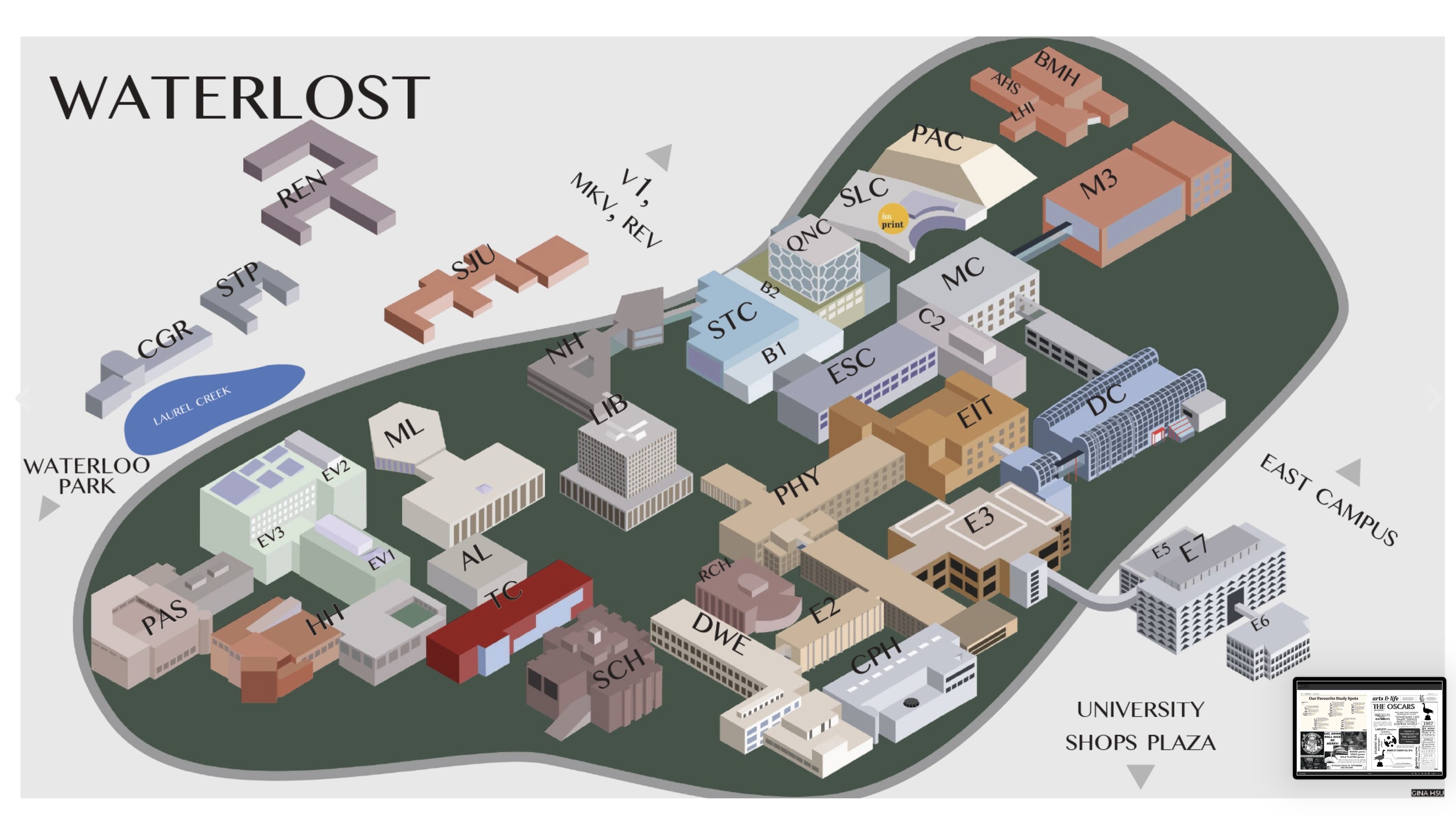 Imprint newspaper spread — Waterlost campus map illustration
