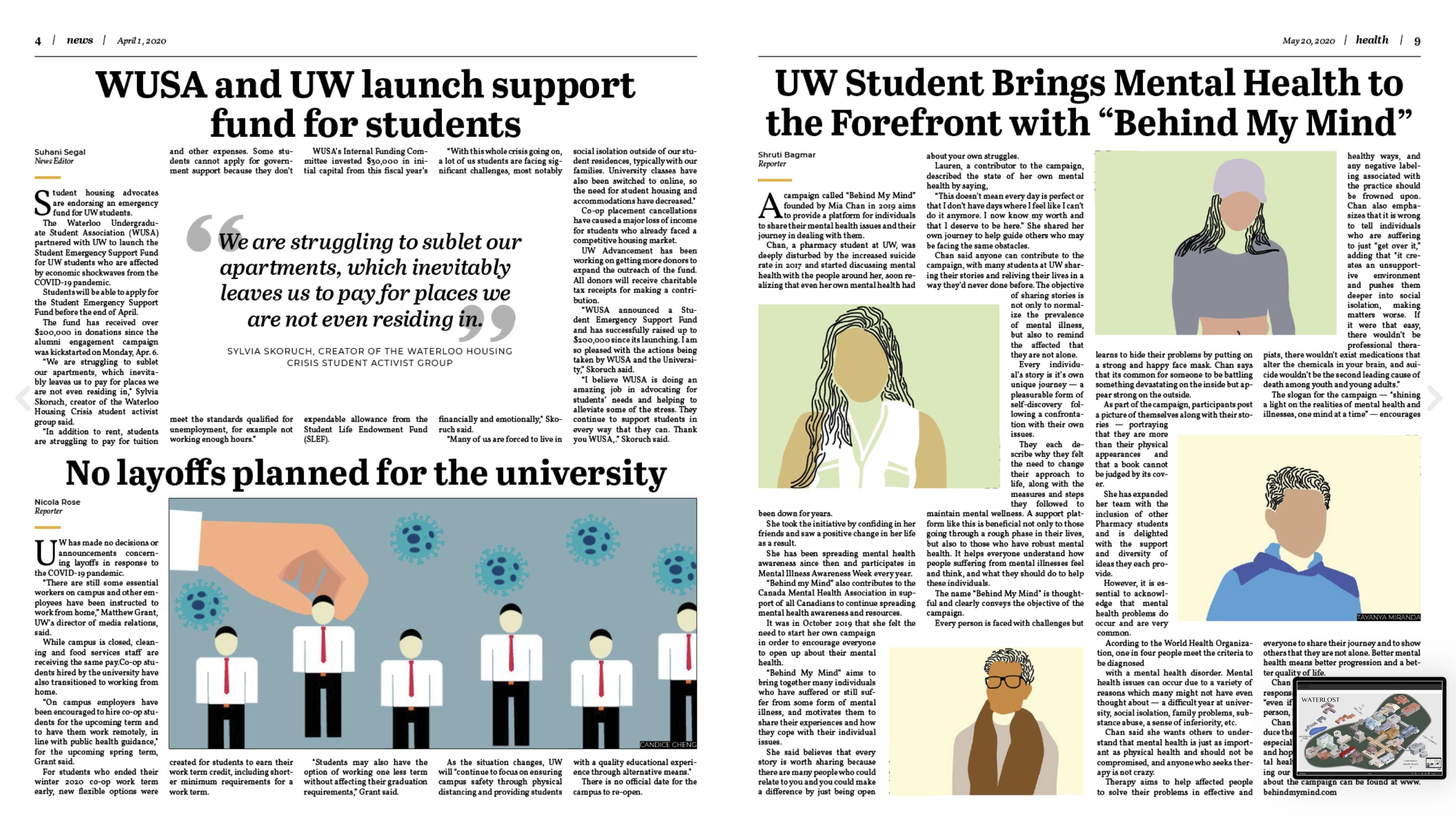 Imprint newspaper spread — WUSA and UW launch support fund for students