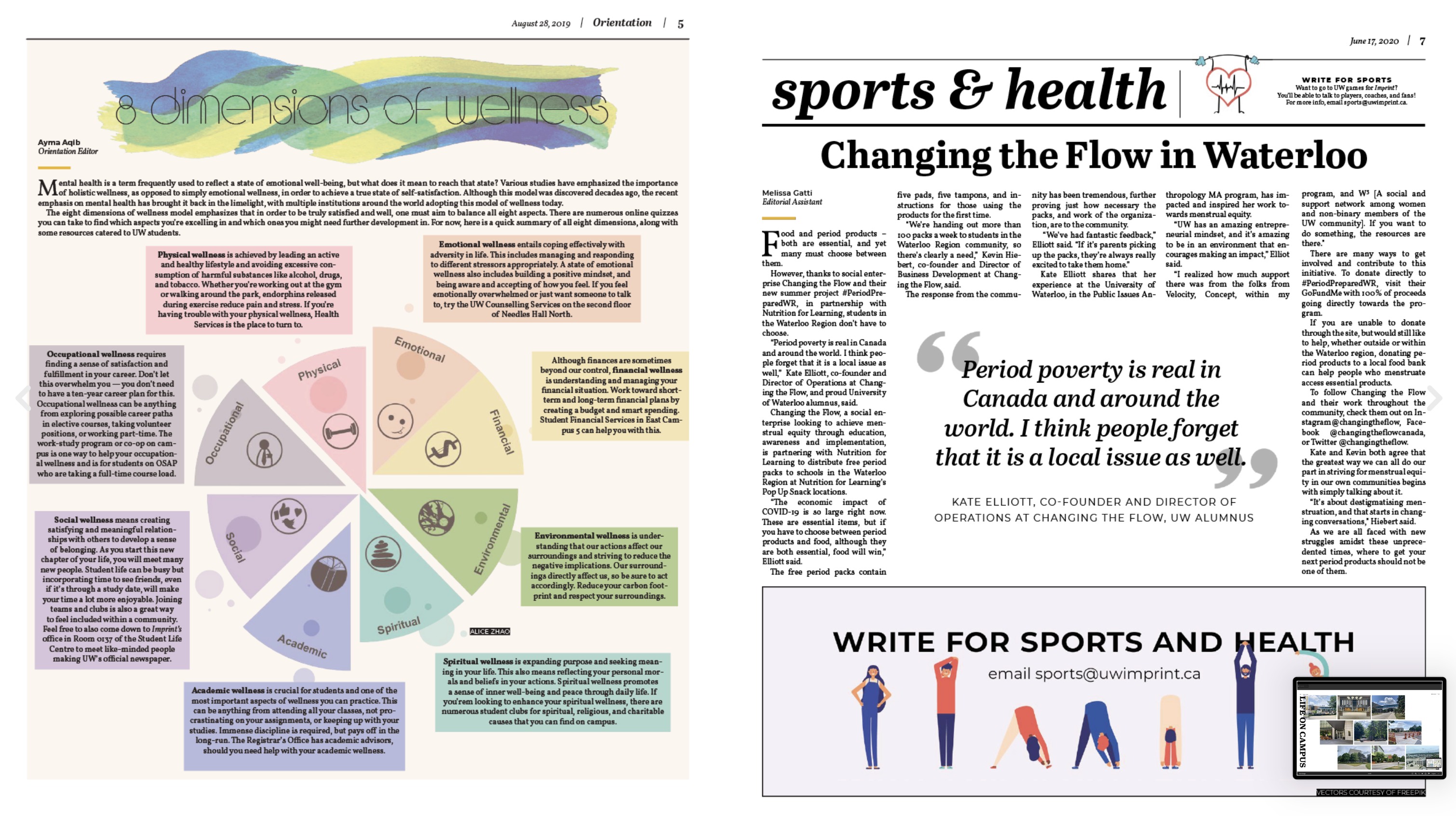 Imprint newspaper spread — Sports and health, changing the flow in Waterloo