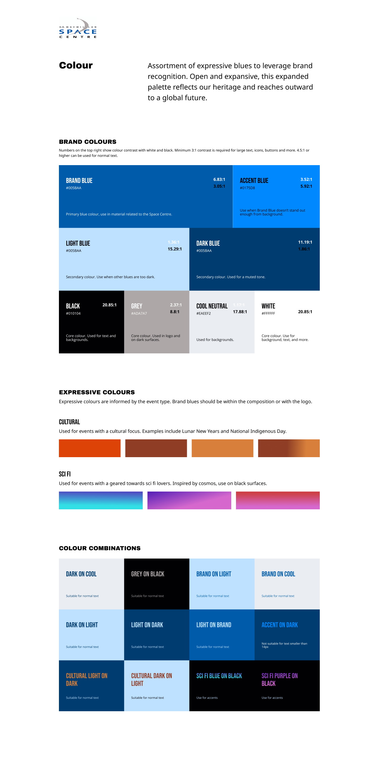 Space Centre brand colour guidelines, including expressive colour sets for cultural and sci-fi events