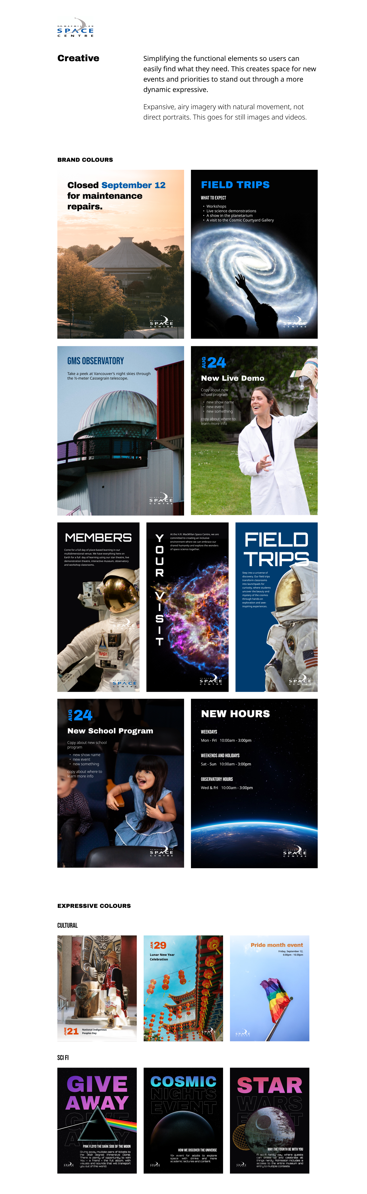 Space Centre brand identity applied across posters, social posts, brochures, and event graphics