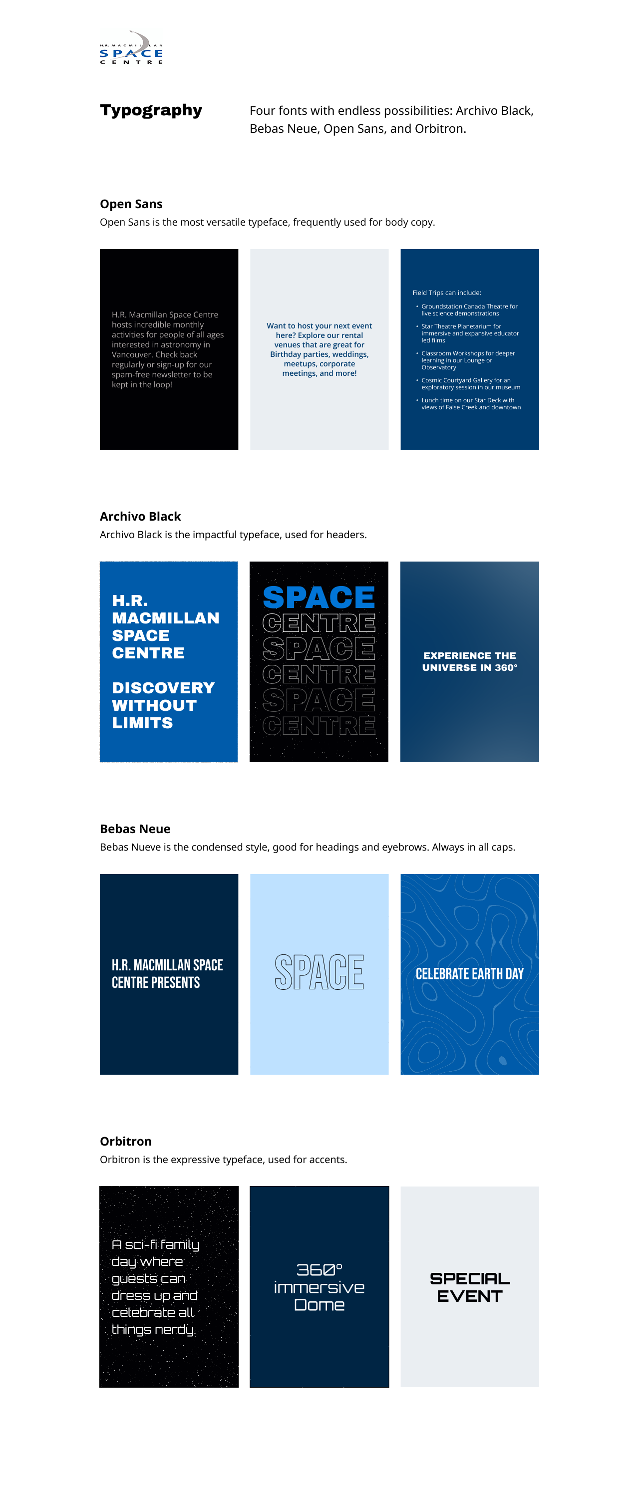 Space Centre typography system: Archivo Black, Bebas Neue, Open Sans, and Orbitron