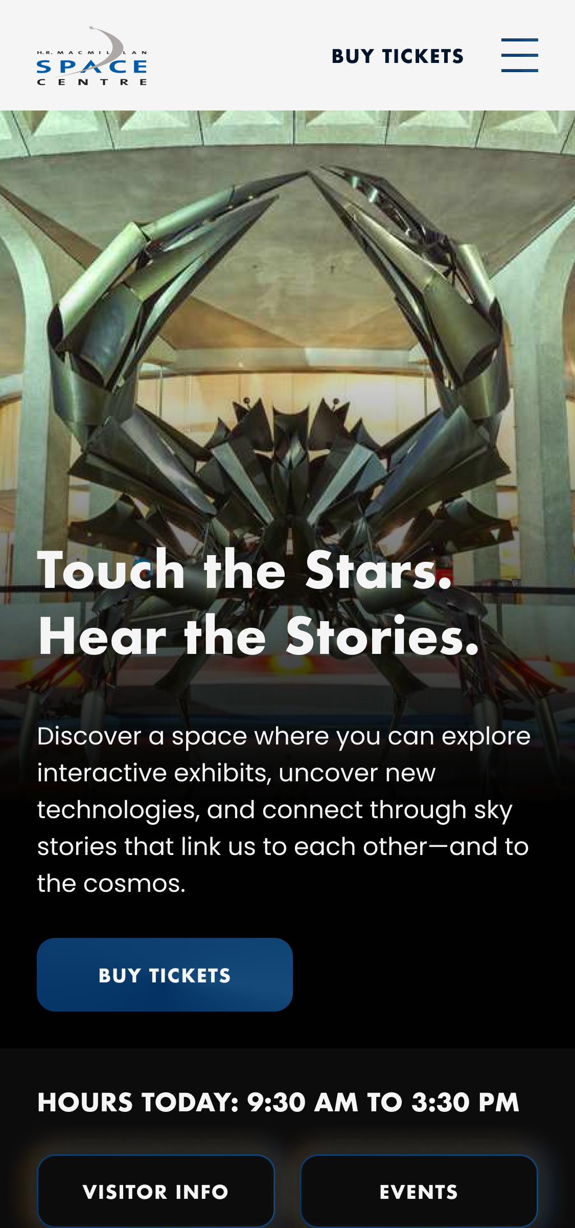 H.R. MacMillan Space Centre redesigned homepage, mobile view