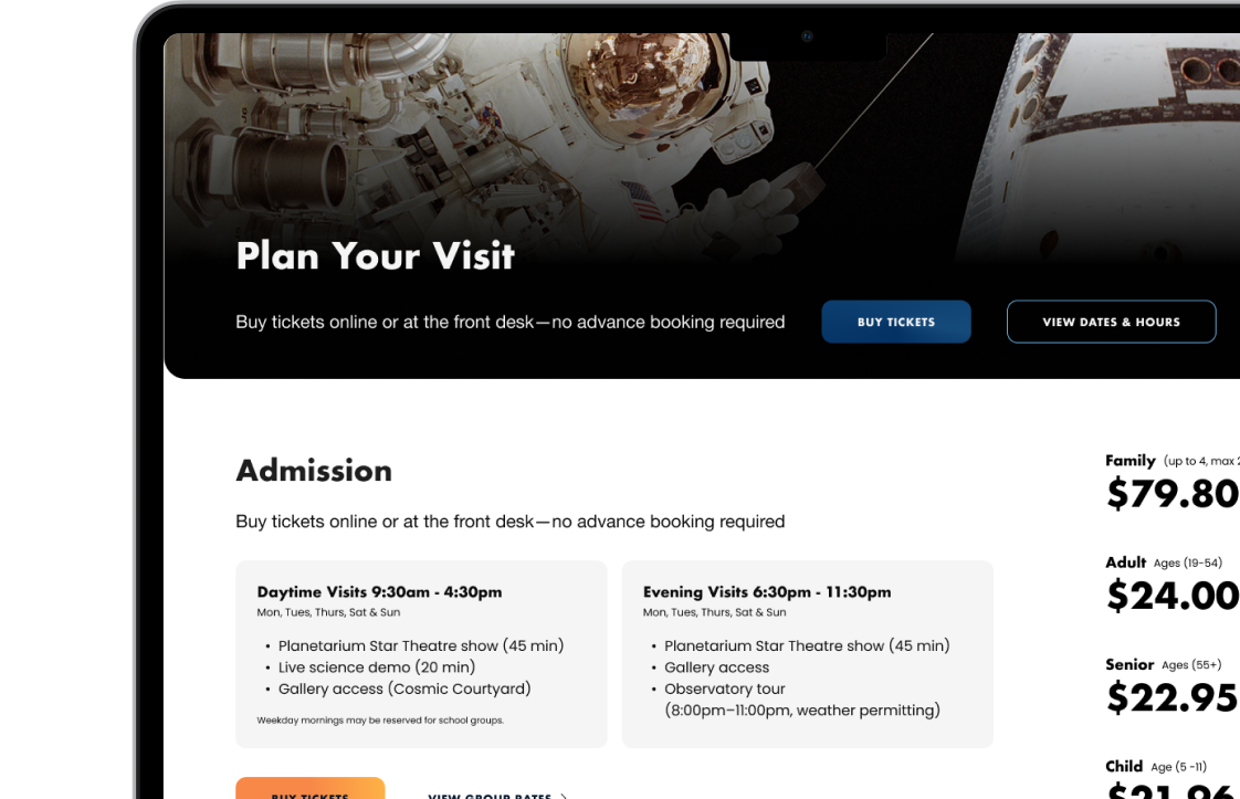 Laptop showing the H.R. MacMillan Space Centre redesigned homepage