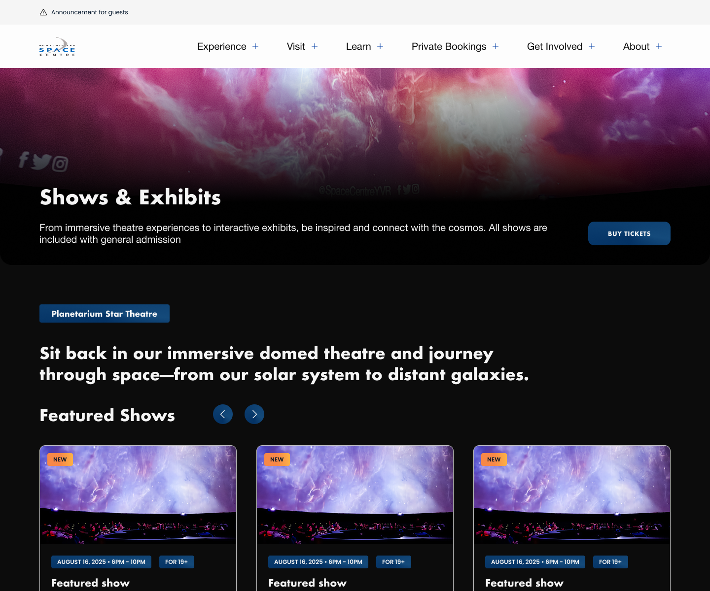 Redesigned Shows & Exhibits page