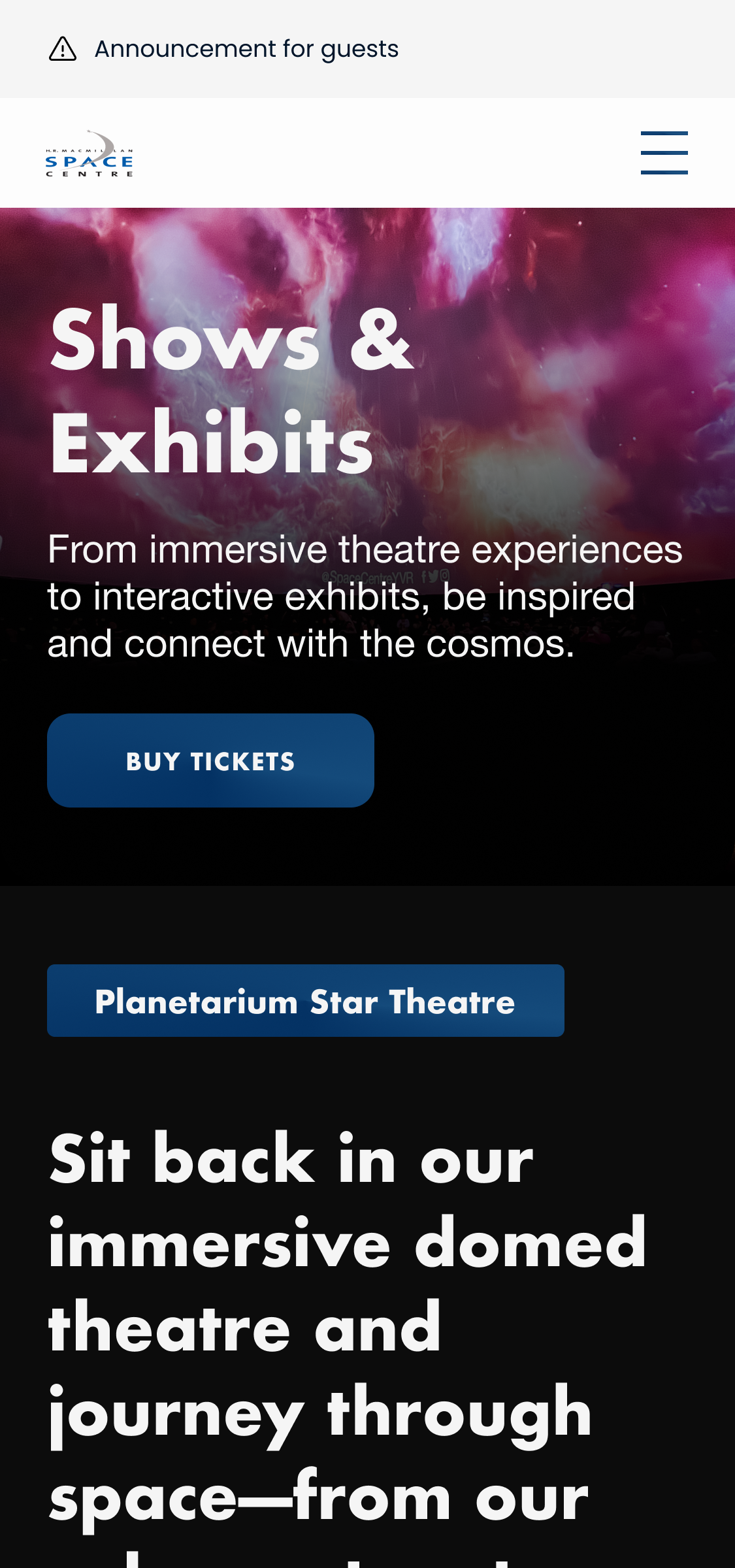Redesigned Shows & Exhibits page, mobile view