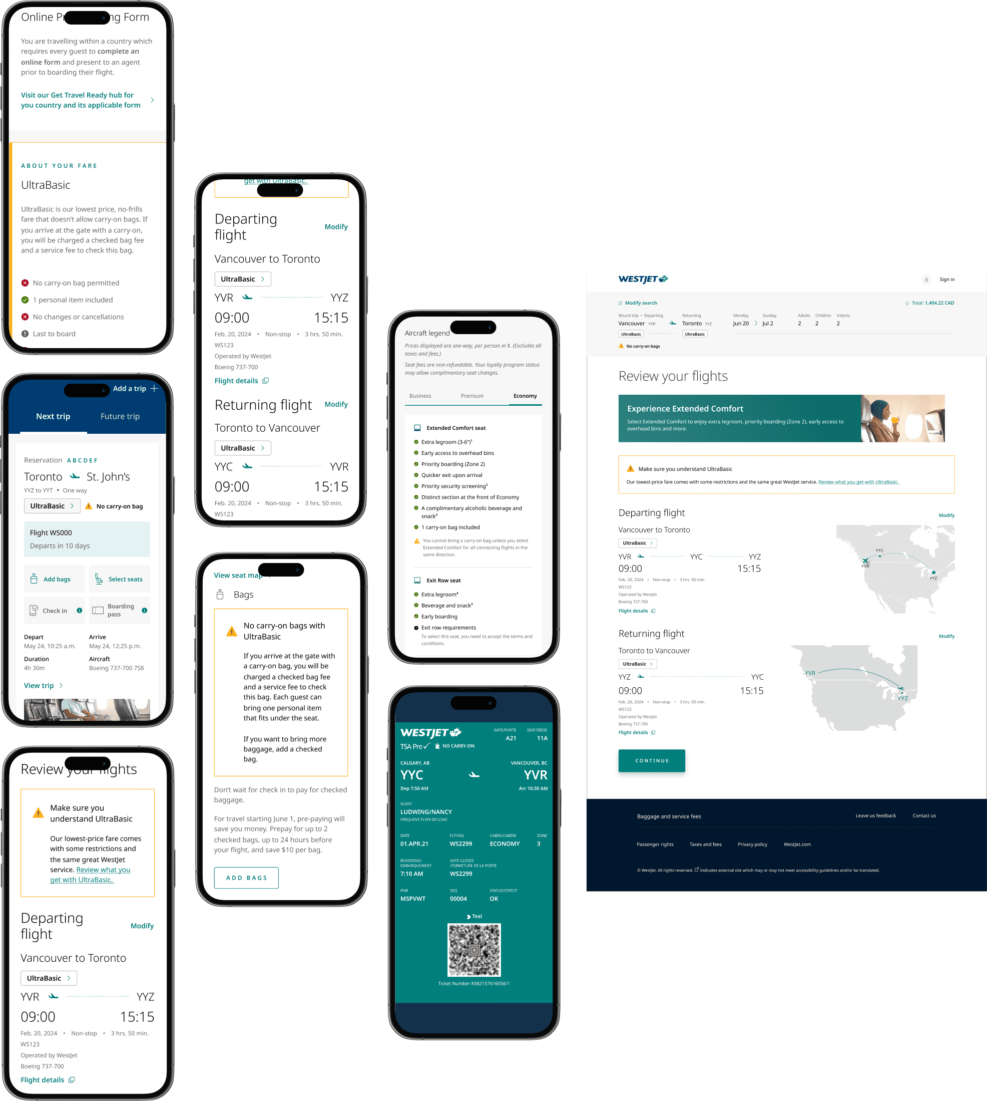 Collage of app screens showing Extended Comfort and UltraBasic messaging across the booking and trip experience