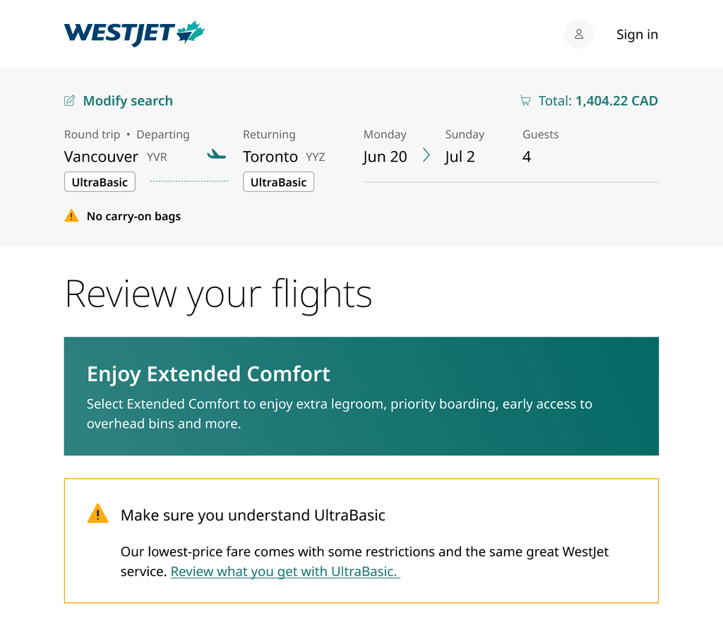 WestJet review your flights desktop screen with Extended Comfort banner