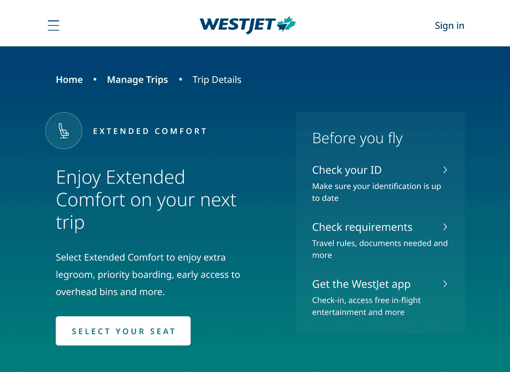 WestJet Manage Trips desktop screen with Extended Comfort upsell
