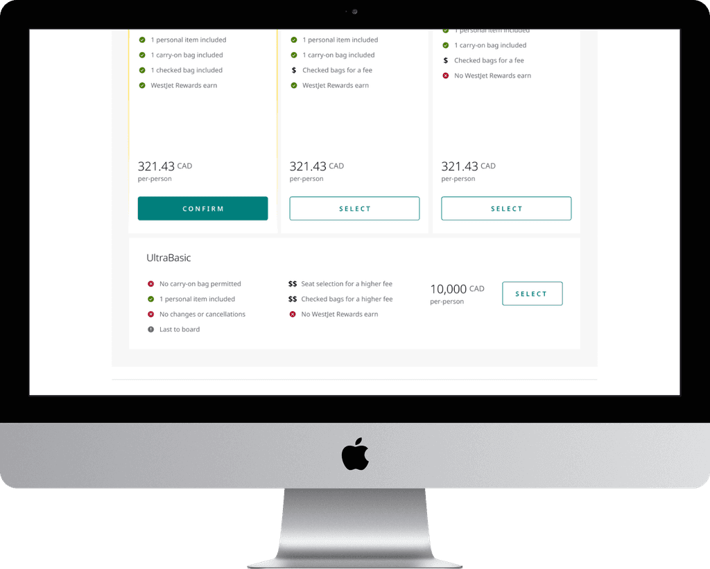 Desktop booking flow showing UltraBasic and Extended Comfort fare options