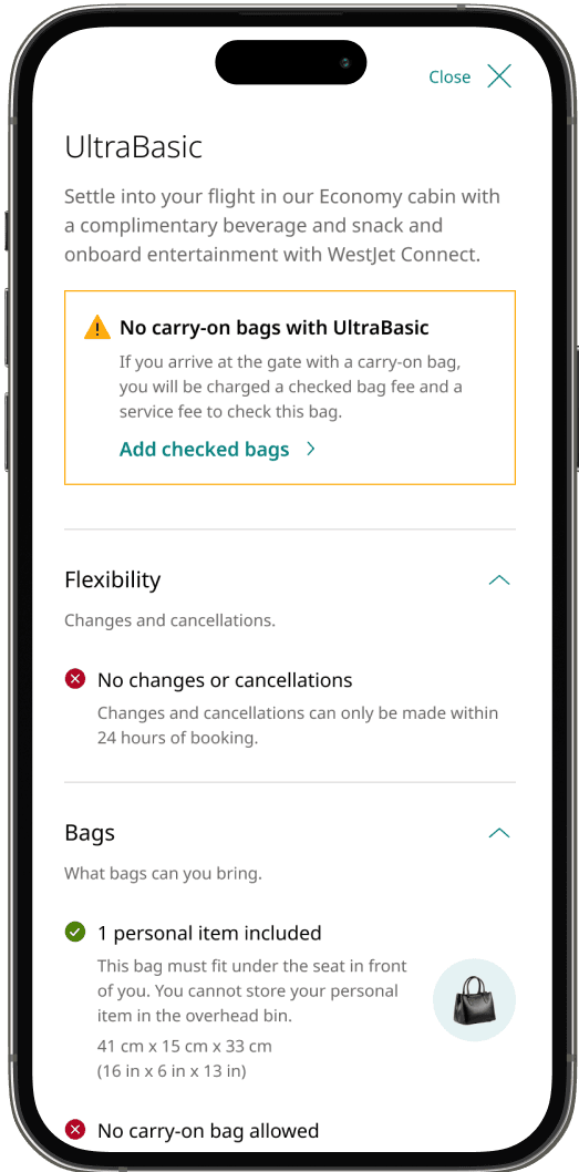 Mobile check-in screen