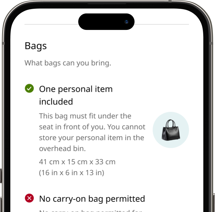 Phone screen showing UltraBasic baggage allowance details